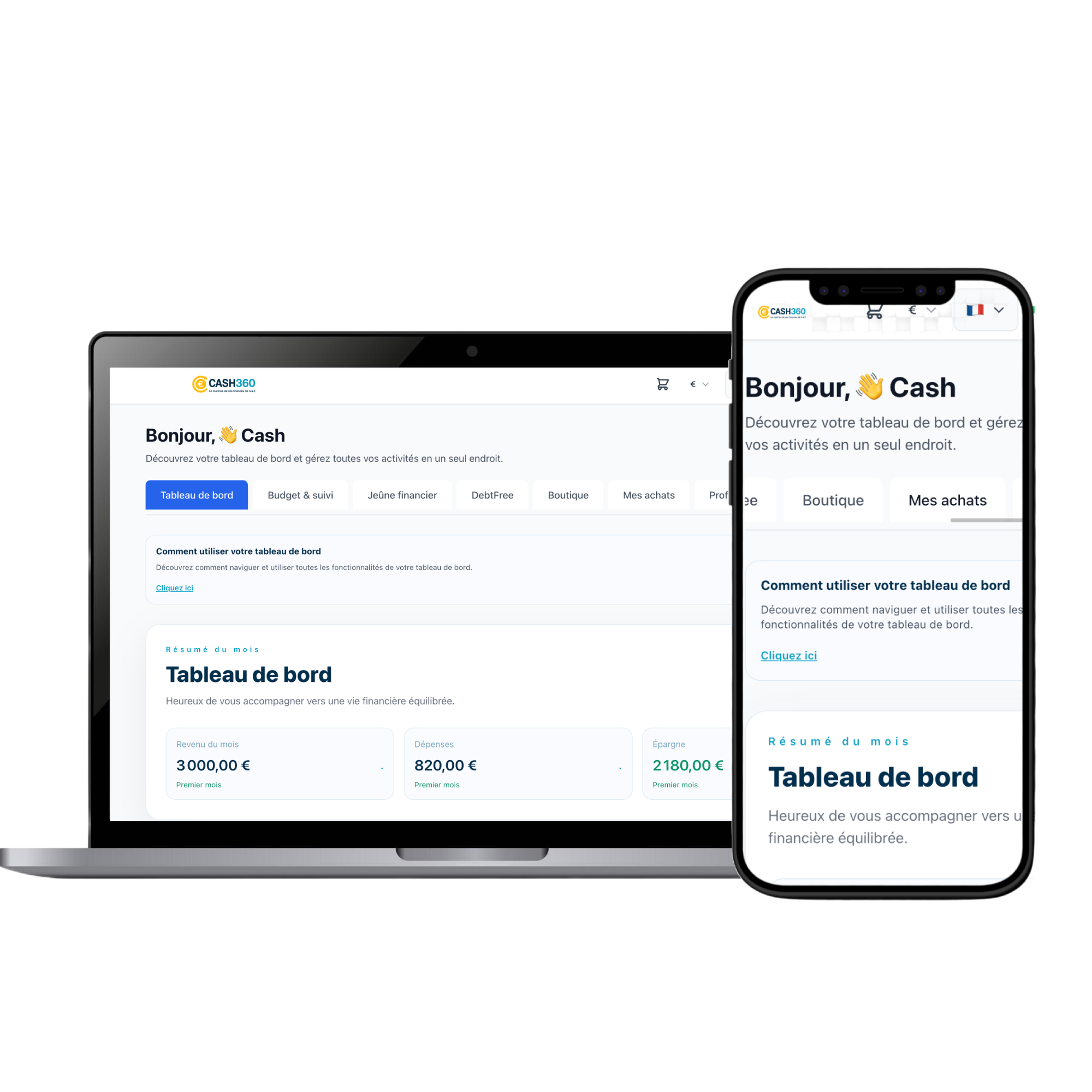 Dashboard Cash360 sur MacBook et iPhone
